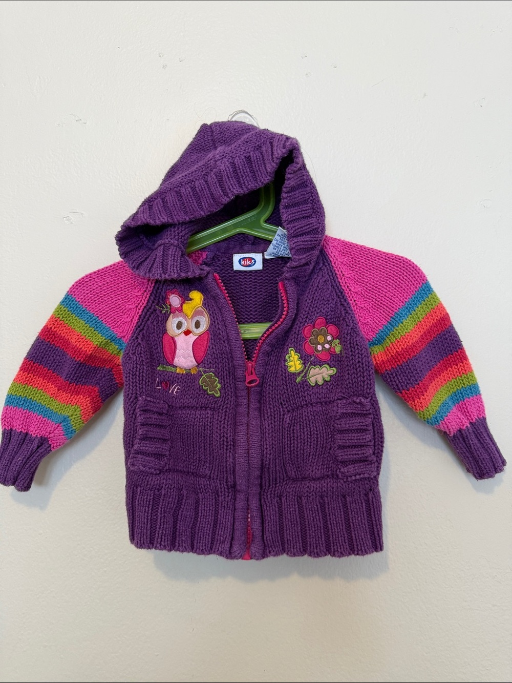 Kids Purple Hooded Knit Sweater with Rainbow Sleeves